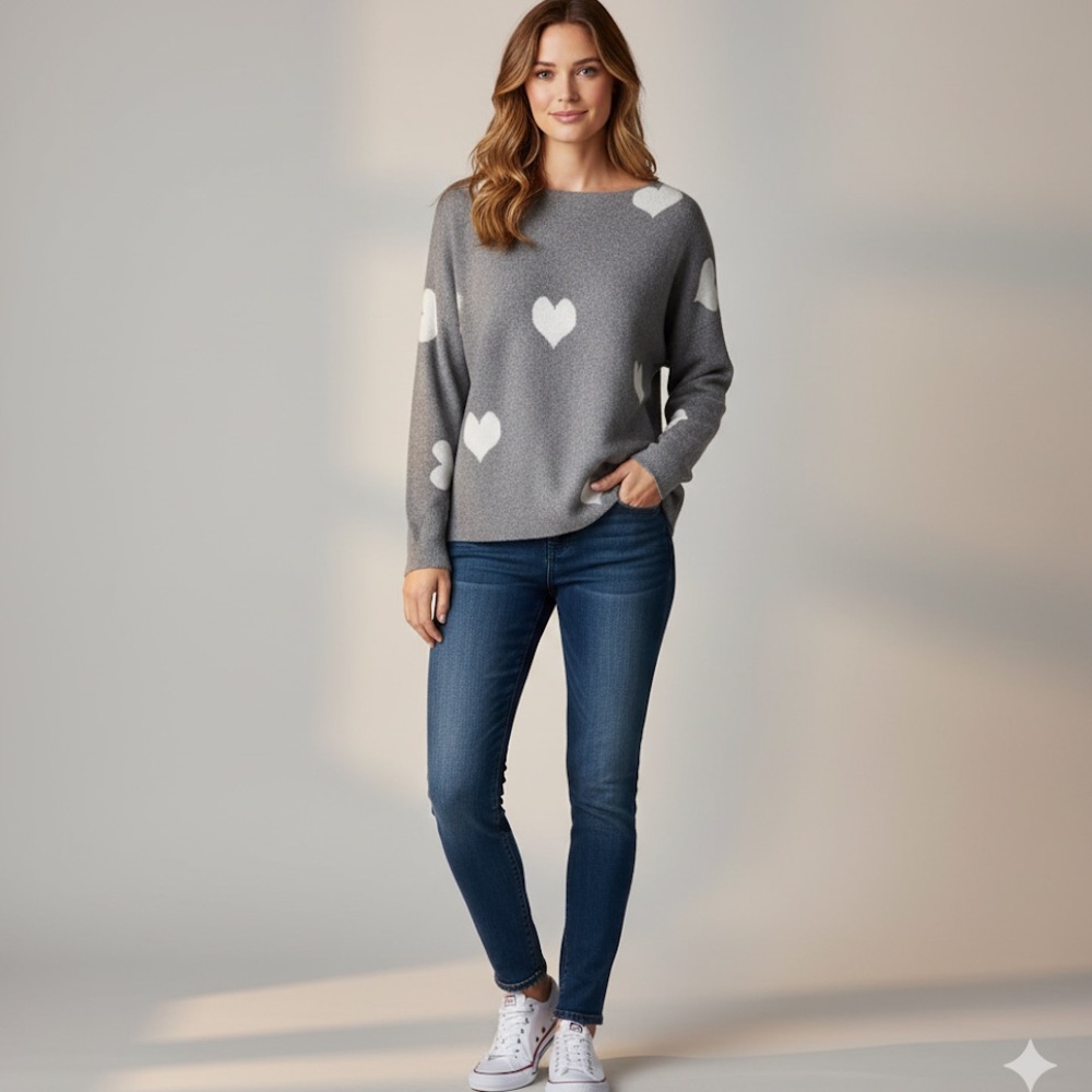 Belle by Belldini heart grey & white Valentine's sweater, women size L